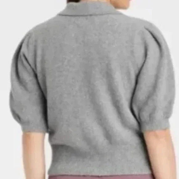 A New Day Polo Knit Top Sweater Gray Short Puff Sleeve Soft Target Academia L - Picture 2 of 8